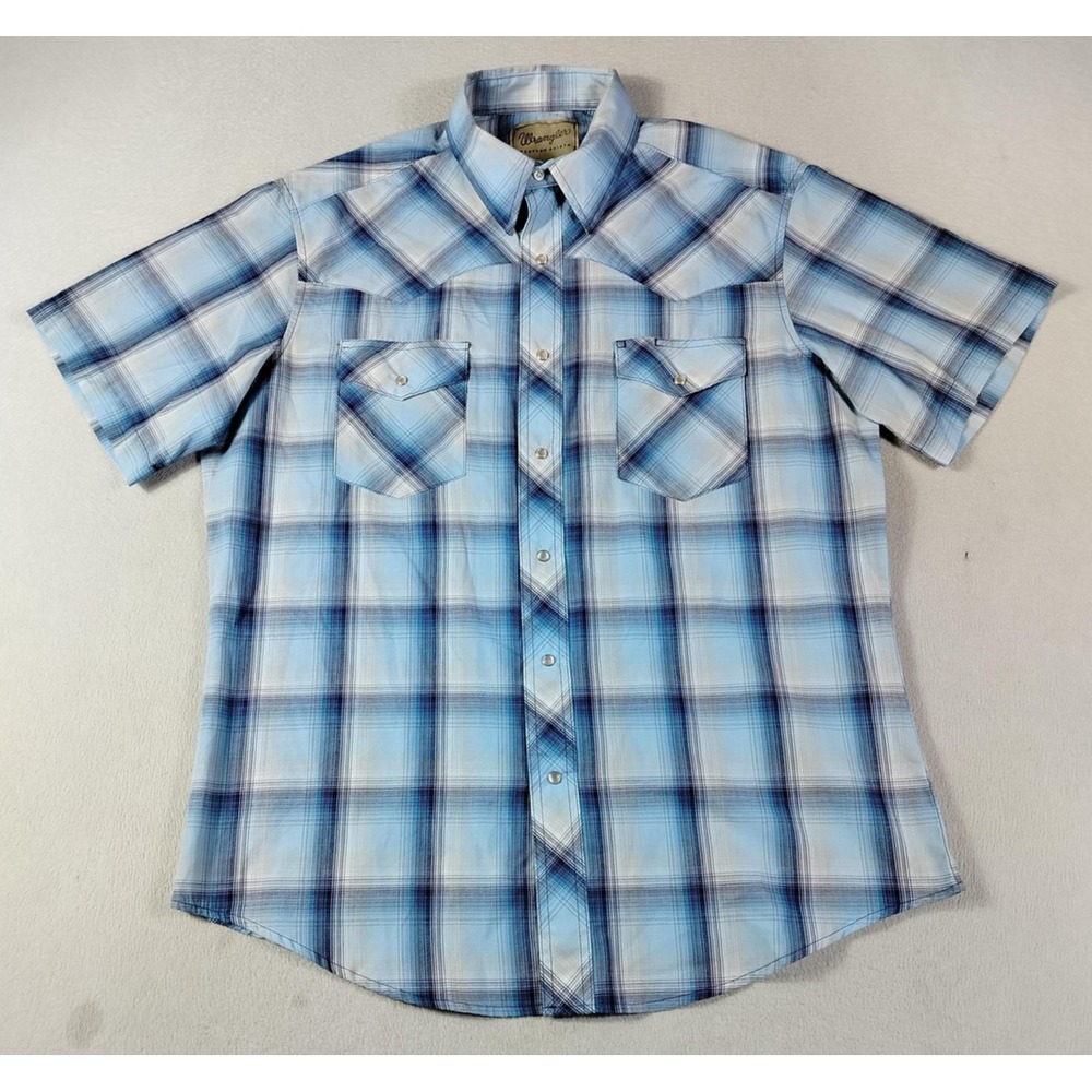 Wrangler Shirt Mens Large Blue Plaid Short Sleeve Western Pearl Snap Cowboy PBR